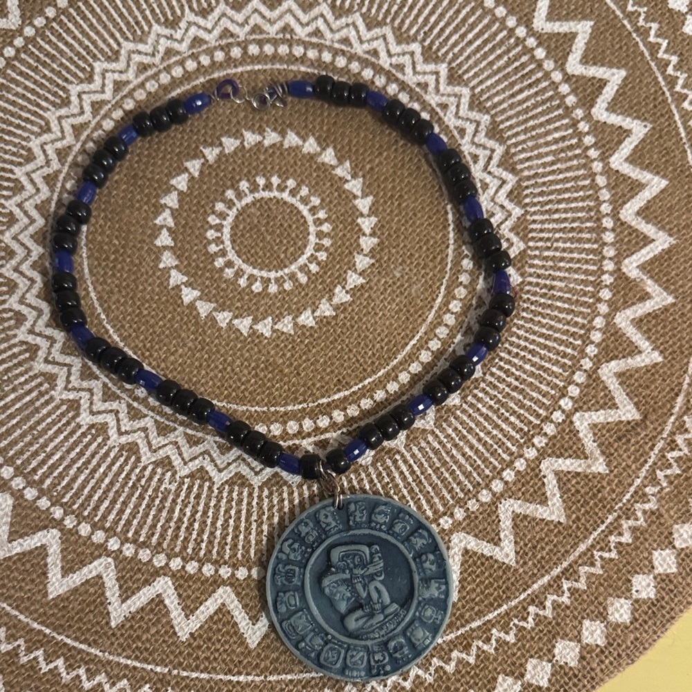 Necklace Mayan Motif with homemade chain of beads